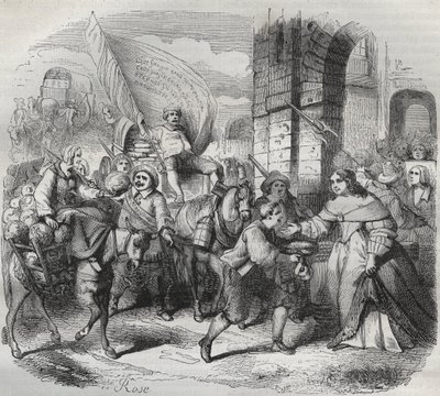 The Return of Gonesse, avsnitt av Fronde: "Lady of Paris" välkomnar "Lady of Aubervilliers" och "Nouricier Gonesse" som kom för att förse henne. Gravyr frondeuse 1649 - gravyr i "Paris a travers les siecles"" av H. Gourdon de Genouillac av French School