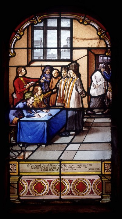 Revolutionsdomstolen i Quimper dömer dessa trosbekännare till internering följt av exil och deportation (1793-95) - glasmålningar i St Germain Church i Kerlaz av French School