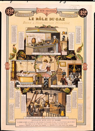 Gasens roll i moderna hus, från en fransk gasbolagskalender, 1892 av French School