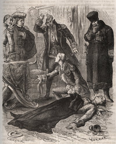 Den ryske kejsaren Peter III (1728-1762), som tilldelats en bostad, mördades på order av sin hustru Katarina II, som just hade störtat honom och tagit makten, av Alexei Orlov (1737-1808) och hans vakter den 17 juli 1762. Gravyr från 1871 i ”Histoire De av French School