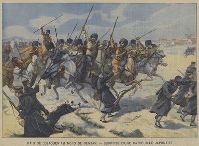 Det rysk-japanska kriget: kosacker överraskar en japansk patrull i en räd norr om Gensan, Korea (färg litho) av French School