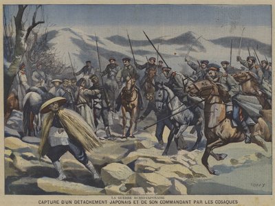 Det rysk-japanska kriget: en japansk avdelning och deras befälhavare tillfångatagna av kosacker (färg litho) av French School