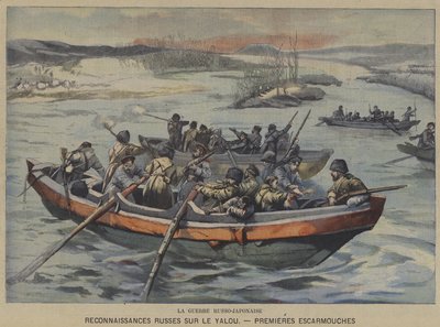 Det rysk-japanska kriget: första skärmytslingar under rysk spaning på Yalufloden (färg litho) av French School