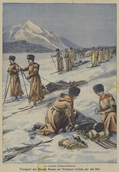 Det rysk-japanska kriget: transport av skadade ryska soldater på slädar gjorda av skidor (färg litho) av French School