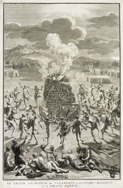 The Sacrifice to Quitchi-Manitou, eller The Great Spirit, av kanadensarna, illustration från religiösa ceremonier och seder, graverad av Bernard Picart (1673-1733) 1723 av French School