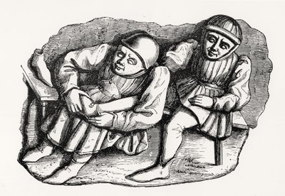Skomakaren och hans kund, kopierad från ett av Misericordia-stånden i katedralens kör i Rouen, illustration från vetenskap och litteratur under medeltiden och renässansen, skriven och av French School