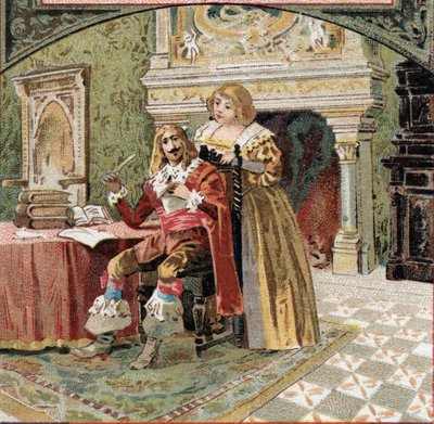 Fadern till Beringhen och Madame du Fargis komplott mot Richelieu (Armand Jean du Plessis, kardinal av Richelieu (1585-1642), Ludvig XIII:s minister, vid slottet Azay-le-Rideau (Azay le Rideau) (Indre-et- Loire). Kromolitografi från slutet av 19:e av French School