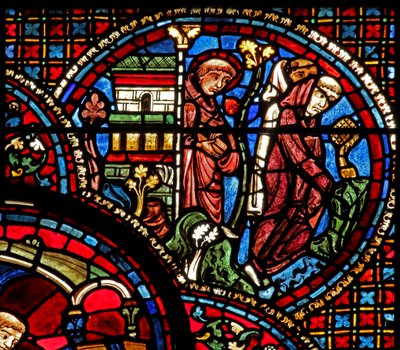 St Lubin-fönstret: han ger sig ut från kyrkan med och två munkar (w45) av French School