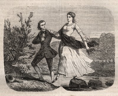 Den schweiziske filosofen Jean Jacques (Jean-Jacques) Rousseau (1712-1778) hjälpte Mademoiselle Galley att korsa en bäck. Gravyr från 1871 i "Histoire Des Cocus Celebres" "av Henry de Kock (1819-1892). av French School