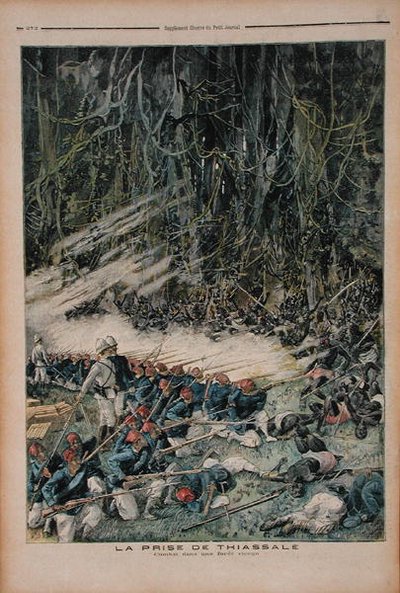 The Take of Thiassale, the Battle in the Virgin Rain Forest, illustration från Le Petit Journal, 26 augusti 1893 av French School