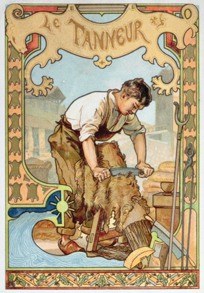 The Tanner, illustration från en bok om hantverk, c.1899 (färg litho) av French School