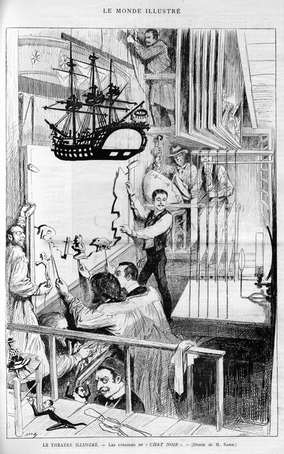 Teatern illustrerar: bakom kulisserna i "Chat noir". Gravyr i "Le monde illustrious", "" 1888. av French School