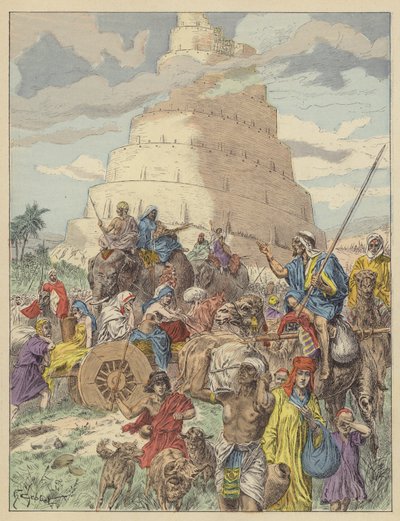 The Tower of Babel (färg litho) av French School