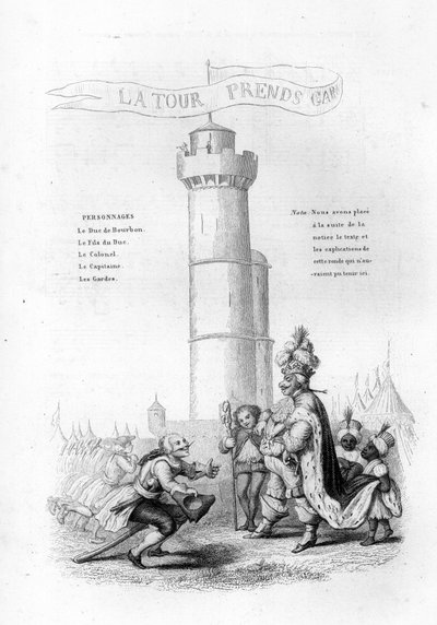 Tornet är försiktigt. En överste med en pistol kommer ner till kungen, följt av sidor. Gravyr i "" Chants et chansons populaire de la France", Tome 2 av French School