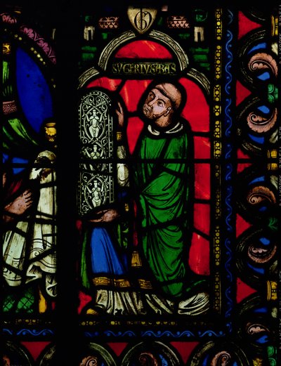 The Tree of Jesse Window, detalj som visar abbot Suger (ca 1081-1151) som ger ett fönster av French School
