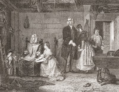 Vicar of Wakefield försonar sin fru med Olivia, efter målningen av Gilbert Stuart Newton. Från Histoire des Peintres, École Anglaise, publicerad 1867 (litho) av French School