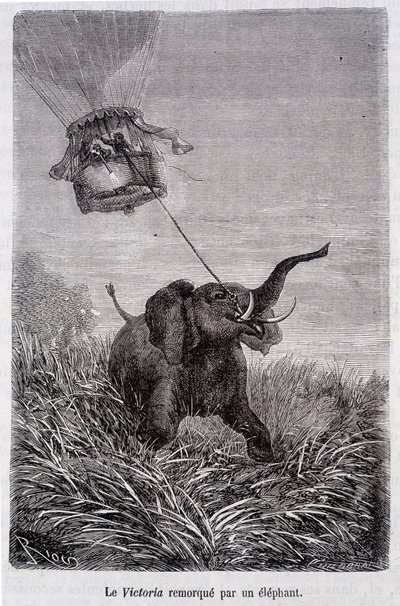 Victoria bogserad av en elefant - i "Fem veckor i ballong", roman av Jules Verne av French School