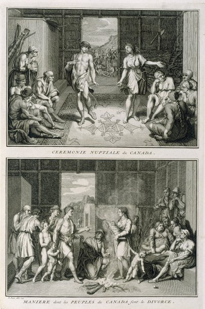 Bröllopsceremonin och skilsmässan i Kanada, illustration från religiösa ceremonier och seder, graverad av Bernard Picart (1673-1733) 1723 av French School