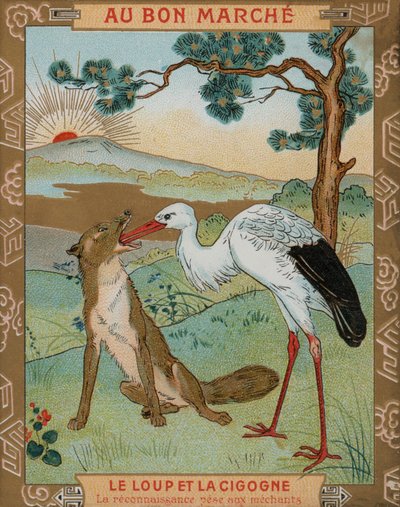 Vargen och tranan, en av Aesops fabler (chromolitho) av French School