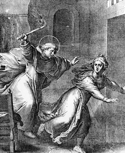 Den unge Thomas Aquinas jagar en frestare från sitt rum av French School