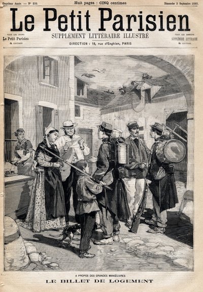 Inkvarteringsbiljetten, som ger rätt till en säng och ett ljus, delar ut till soldaterna efter deras övningar och stora manövrar. En av tidningarna "Le petit Parisien"" den 3/09/1893 (gravyr) av French School