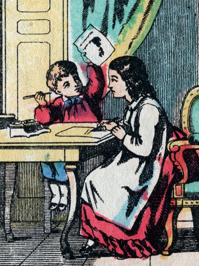Aktiviteterna för flickor från bra familjer: att hjälpa en lillebror i hans läxor - Epinal bild - 1800-talet (gravyr) av French School