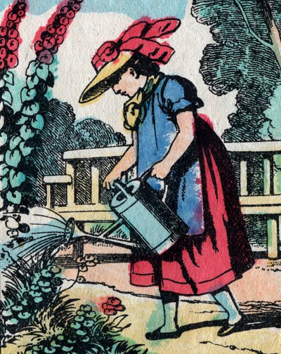Aktiviteterna för flickor från bra familjer: lära sig trädgårdsarbete - Epinal bild - 1800-talet (gravyr) av French School
