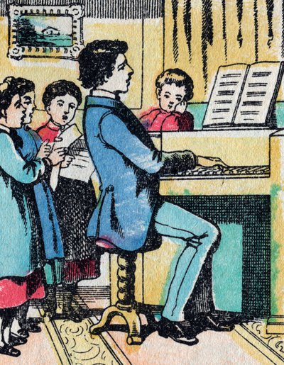 Aktiviteterna för flickor från bra familjer: lära sig musik - Epinal bild - 1800-talet (gravyr) av French School