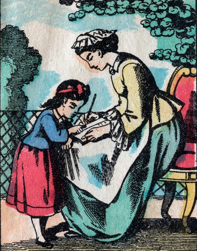 Aktiviteterna för flickor från goda familjer: läslektion - Epinal bild - 1800-talet (gravyr) av French School