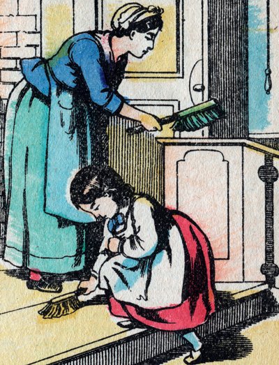 Aktiviteterna för flickor från bra familjer: hushållsarbetet - Epinal bild - 1800-talet (gravyr) av French School