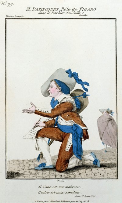 Skådespelaren Dazincourt på Theatre Francais i rollen som Figaro i Barberaren i Sevilla av Pierre Augustin Caron de Beaumarchais (1732-1799) av French School