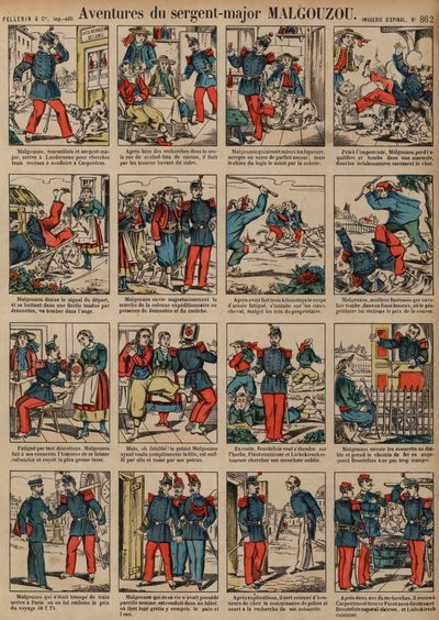 Sergeant-major Malgouzous äventyr (färgad gravyr) av French School