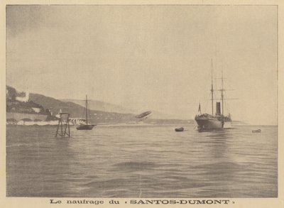 Alberto Santos-Dumonts luftskepp störtar ner i Medelhavet (litografi) av French School