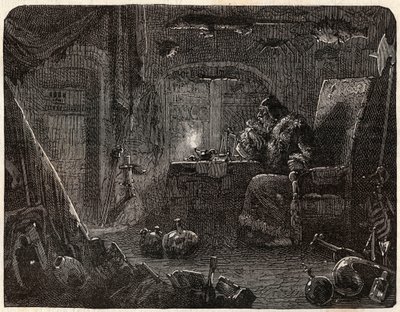 Alkemisten, som har lovat att göra guld, arbetar i sitt laboratorium: Alkemisten på 1600-talet - i "Paris a travers les cules"" av Nicolas Jules Henri Gourdon de Kennouillac (1826-1898) av French School