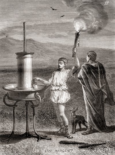 Det antika grekiska hydrauliska semaforsystemet som används av Aeneas för att skicka ett meddelande, 300-talet f.Kr., från Les Merveilles de la Science, publicerat ca 1870 (gravyr) av French School