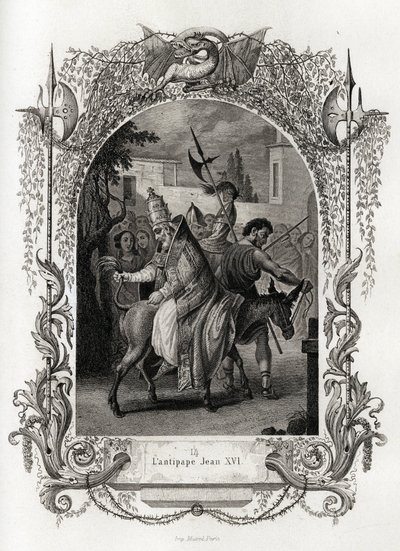 Motpåven Johannes XVI (997 till 998). Gravyr för att illustrera Histoire des popes av Maurice Lachatre (1814-1900), Librairie du Progres, Paris. av French School