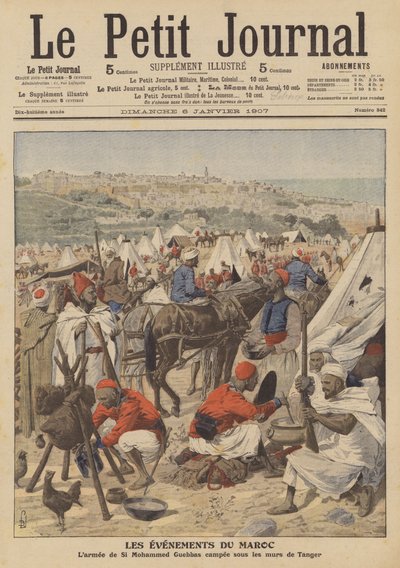 Mohammed Guebbas armé slog läger under murarna i Tanger, Marocko (färg litho) av French School