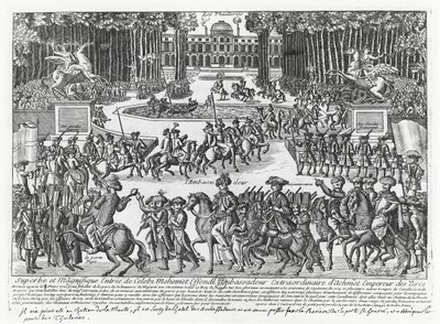 Ankomsten av Mehmed Celebi Efendi, ambassadör för Sultan Ahmed III av Turkiet, till Tuilerierna för att tas emot av Ludvig XV 1721 (gravyr) av French School