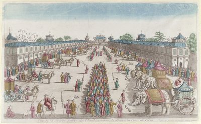 De siamesiska ambassadörernas ankomst till den förbjudna staden i Peking på deras besök hos kejsaren av Kina, andra hälften av 1700-talet av French School