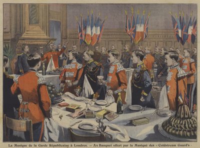 Det franska republikanska gardets band deltar i en bankett som arrangeras av Coldstream Guards band i London (färg litho) av French School