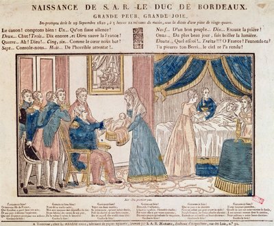 Henri Charles Ferdinand Marie Dieudonne de Frances födelse, Duc de Bordeaux, Comte de Chambord den 29 september 1820 (färgad trästick) av French School