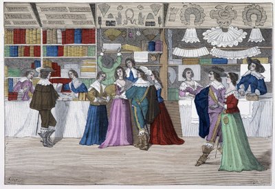 Butikerna i galleriet i tingshuset under Ludvig XIII - i "Paris genom århundradena"" av French School