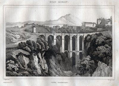 Bron har dubbla arkader - CIVITA CASTELLANA - Provinsen Viterbo - Italien - Gravyr från "" Italy Picturesque" - Historisk och beskrivande målning av Italien"" av M. de Norvins, Ch. Nodier 1834-1836. av French School