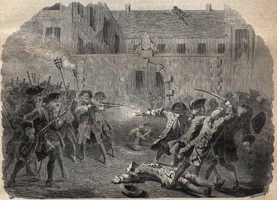 Briganden Louis Dominique Garthausen dit Cartridge (1693-1721) och hans följeslagare som ska ta bort Hotel Desmaretz i Paris, överraskas och attackeras av bågskyttarna efter en hård kamp, de flyr genom taken - den franske briganden Louis Domini av French School