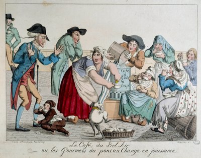 Caféet du Bel Air eller gourmeterna på Pont au Change njuter av parisare utan pengar dricker kaffe har koppen framför de rädda ögonen på en adelsman. Anonymt 1700-talstryck. Paris, Musée Carnavalet av French School