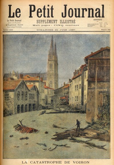 Katastrofen (översvämningen) av byn Voiron (Isère) Frankrike i "Le Petit Journal", 20 juni 1897 (gravyr) av French School