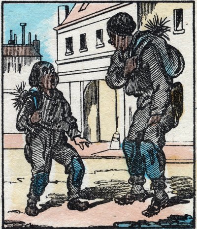 Skorstensfejaren. Gravyr i "" La chanson des metier"". Epinal avbildning, sent 1800-tal. Privat samling av French School