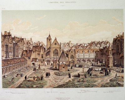De oskyldigas kyrka och kyrkogård 1550 - i "Paris a travers les ages", sent 1800-tal. av French School