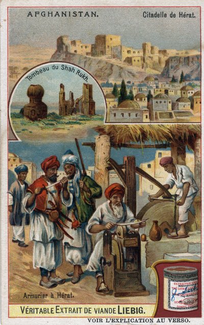 Staden och rustningsmän i staden Herat i Afghanistan och Shah Rukhs grav. Kromolitografi av 1800-talet. av French School