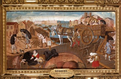 Koldockan i Paris Scen för kolhandeln på Paris gator. Anonym fläktmålning av den franska skolan på 1600-talet. Reims, Musée Saint Denis av French School